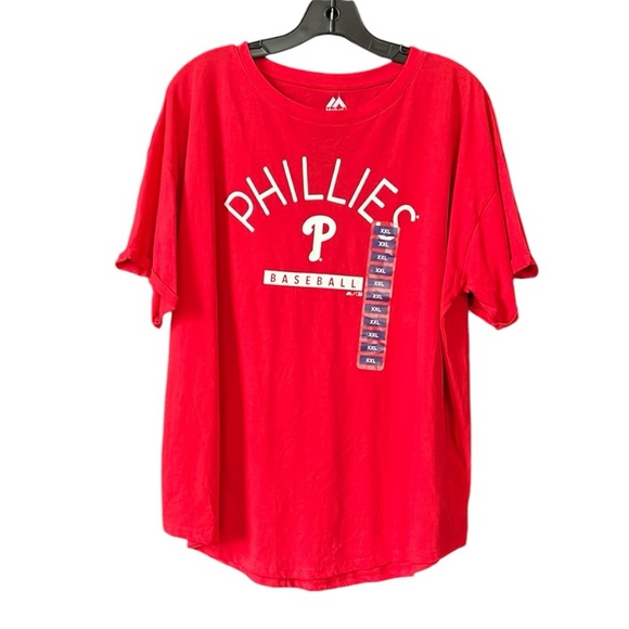 Majestic Tops - Majestic Women’s Philadelphia Phillies Short Sleeve Tee Shirt in Red
